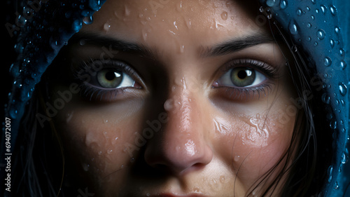 Close-up portrait of an adult girl standing in the rain in a jacket hood, a concentrated look, an idea for a banner about travel and vacation