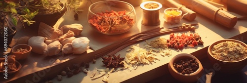 Chinese Herbal Medicine Assortment on Table photo