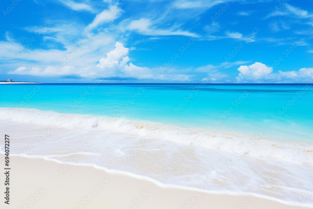 Beautiful sandy beach with white sand and rolling calm wave of turquoise ocean on Sunny day on background white clouds in blue sky Beautiful sandy beach with white sand and rolling calm wave of turquoise ocean on Sunny day on background white clouds in blue sky