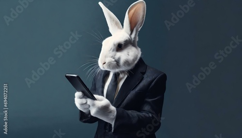 Weißes Kaninchen (Hase) in Anzug und Krawatte hält ein Smartphone / Handy. Dunkelblauer Hintergrund. Fotorealistische Illustration