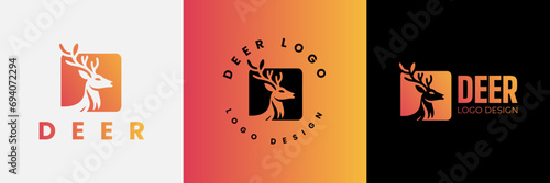 Deer logo design, Deer head inside squarelogo design template, Deer head logo icon,Deer hunter with square logo design, Wild animal vector, Head deer illustration