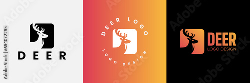 Deer logo design, Deer head inside squarelogo design template, Deer head logo icon,Deer hunter with square logo design, Wild animal vector, Head deer illustration