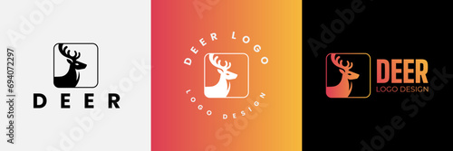 Deer logo design, Deer head inside squarelogo design template, Deer head logo icon,Deer hunter with square logo design, Wild animal vector, Head deer illustration