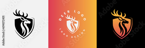 Deer shield logo design, Deer head and shield logo design template, Deer head logo icon,Deer hunter with shield logo design, Wild animal vector, Head deer illustration