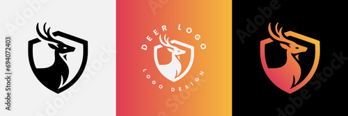 Deer shield logo design, Deer head and shield logo design template, Deer head logo icon,Deer hunter with shield logo design, Wild animal vector, Head deer illustration