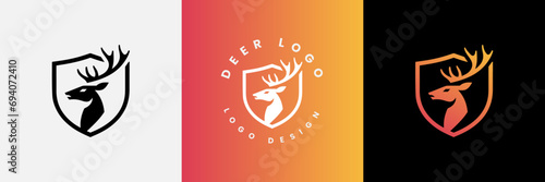 Deer shield logo design, Deer head and shield logo design template, Deer head logo icon,Deer hunter with shield logo design, Wild animal vector, Head deer illustration