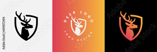 Deer shield logo design, Deer head and shield logo design template, Deer head logo icon,Deer hunter with shield logo design, Wild animal vector, Head deer illustration