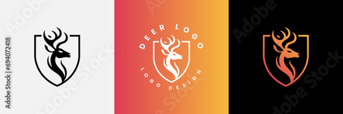 Deer shield logo design, Deer head and shield logo design template, Deer head logo icon,Deer hunter with shield logo design, Wild animal vector, Head deer illustration