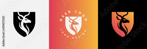 Deer shield logo design, Deer head and shield logo design template, Deer head logo icon,Deer hunter with shield logo design, Wild animal vector, Head deer illustration