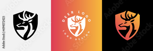 Deer shield logo design, Deer head and shield logo design template, Deer head logo icon,Deer hunter with shield logo design, Wild animal vector, Head deer illustration