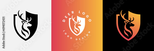 Deer shield logo design, Deer head and shield logo design template, Deer head logo icon,Deer hunter with shield logo design, Wild animal vector, Head deer illustration