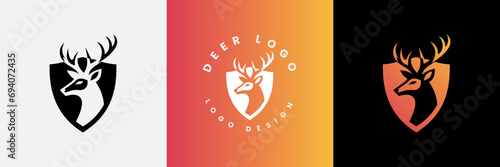 Deer shield logo design, Deer head and shield logo design template, Deer head logo icon,Deer hunter with shield logo design, Wild animal vector, Head deer illustration