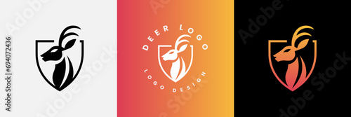 Deer shield logo design, Deer head and shield logo design template, Deer head logo icon,Deer hunter with shield logo design, Wild animal vector, Head deer illustration