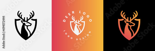 Deer shield logo design, Deer head and shield logo design template, Deer head logo icon,Deer hunter with shield logo design, Wild animal vector, Head deer illustration