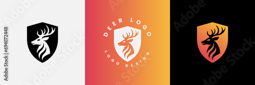 Deer shield logo design, Deer head and shield logo design template, Deer head logo icon,Deer hunter with shield logo design, Wild animal vector, Head deer illustration