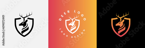 Deer shield logo design, Deer head and shield logo design template, Deer head logo icon,Deer hunter with shield logo design, Wild animal vector, Head deer illustration
