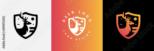 Deer shield logo design, Deer head and shield logo design template, Deer head logo icon,Deer hunter with shield logo design, Wild animal vector, Head deer illustration