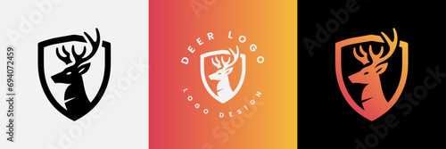 Deer shield logo design, Deer head and shield logo design template, Deer head logo icon,Deer hunter with shield logo design, Wild animal vector, Head deer illustration