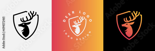 Deer shield logo design, Deer head and shield logo design template, Deer head logo icon,Deer hunter with shield logo design, Wild animal vector, Head deer illustration