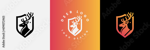 Deer shield logo design, Deer head and shield logo design template, Deer head logo icon,Deer hunter with shield logo design, Wild animal vector, Head deer illustration