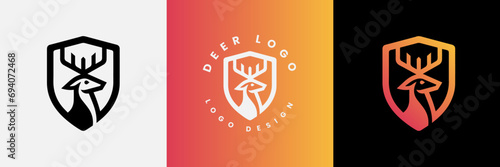 Deer shield logo design, Deer head and shield logo design template, Deer head logo icon,Deer hunter with shield logo design, Wild animal vector, Head deer illustration