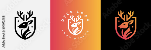 Deer shield logo design, Deer head and shield logo design template, Deer head logo icon,Deer hunter with shield logo design, Wild animal vector, Head deer illustration
