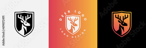 Deer shield logo design, Deer head and shield logo design template, Deer head logo icon,Deer hunter with shield logo design, Wild animal vector, Head deer illustration