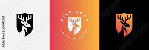 Deer shield logo design, Deer head and shield logo design template, Deer head logo icon,Deer hunter with shield logo design, Wild animal vector, Head deer illustration