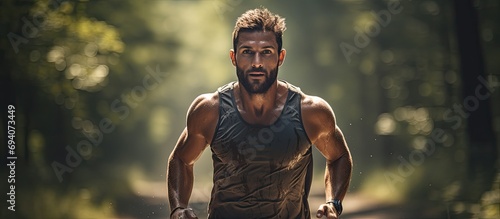 Man running in forest for marathon training and cardio workout, athlete in nature for wellness, endurance for race. photo