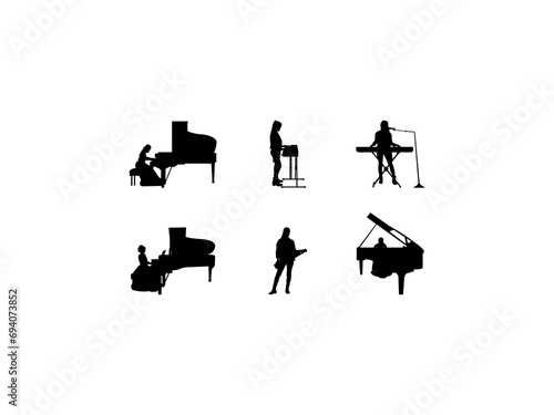Set of Woman Playing Piano Silhouette in various poses isolated on white background