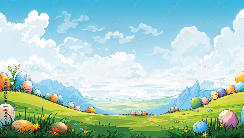 Expressive Lines and Flat Design Easter Arrangement with eggs and flowers on background with sky, mountains and clouds. Background/Wallpaper