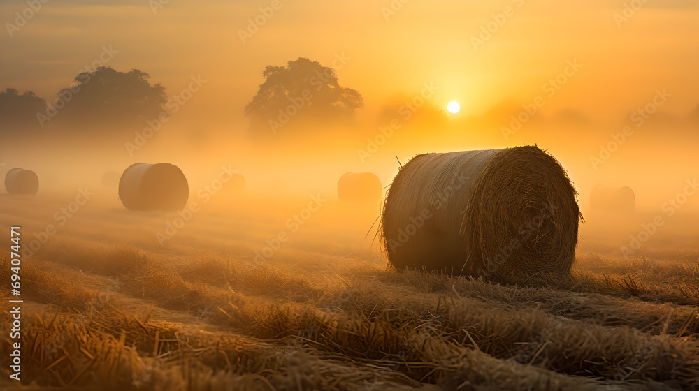 Sunset over a field covered with hay bales - created with generative AI