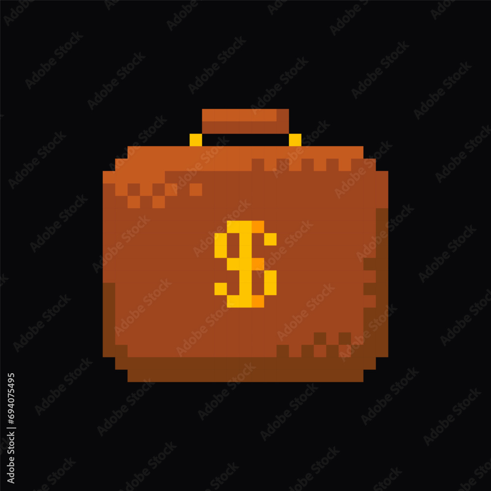 Obraz premium Suitcase with money, pixel art icon 8-bit sprite suitcase with money. Isolated vector illustration for pixel art games.