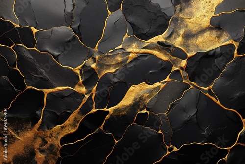 Abstract black marble background with golden veins, japanese kintsugi technique, fake painted artificial stone texture, marbled surface, digital marbling illustration