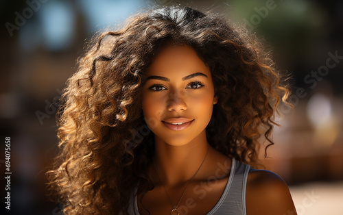 Beauty portrait of an African American woman with a tennis court in the background. Beautiful afro girl. Curly black hair.