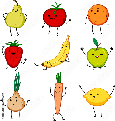 fruit vegetable character set cartoon. cute face, tomato banana, healthy cucumber fruit vegetable character sign. isolated symbol vector illustration
