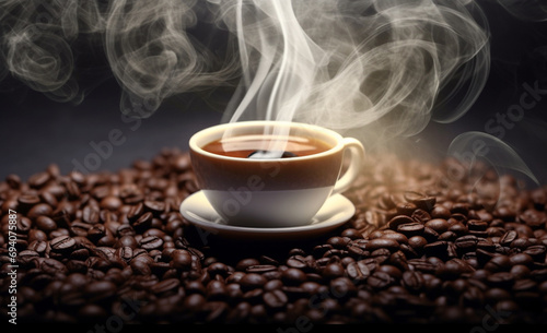 Intense Coffee: Steaming Cup and Beans that Tell the Story of the Perfect Aroma. Taste and Energy with a Cup of Steaming Coffee and Fragrant Beans.