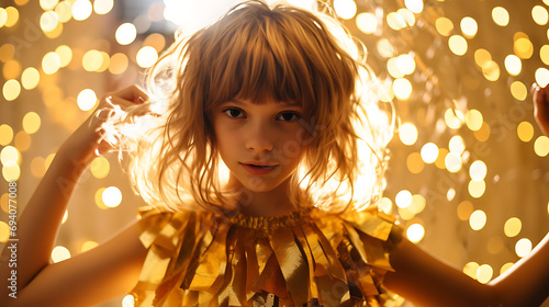 a girl with gold tinsel in her hair poses to take the photo, in the style of 21st century, pantonepunk, childlike, golden light, party kei photo