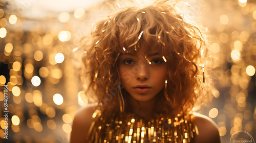 a girl with gold tinsel in her hair poses to take the photo, in the style of 21st century, pantonepunk, childlike, golden light, party kei photo