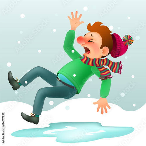 funny cartoon falling man in winter clothes slipped on ice. dangerous ice, slippery winter road. vector illustration. photo