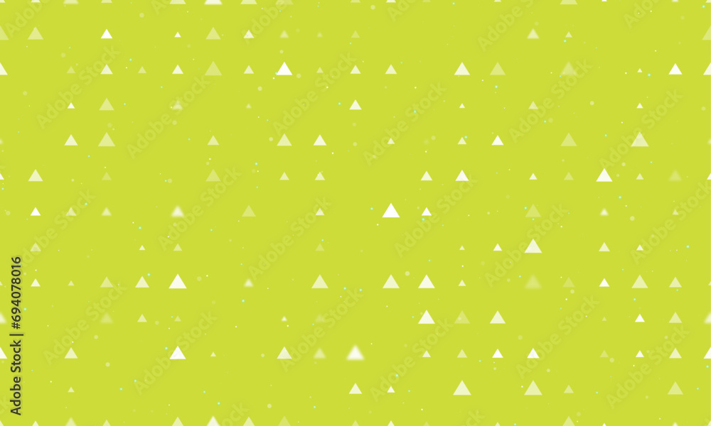 Seamless background pattern of evenly spaced white triangle symbols of different sizes and opacity. Vector illustration on lime background with stars Seamless background pattern of evenly spaced white triangle symbols of different sizes and opacity. Vector illustration on lime background with stars
