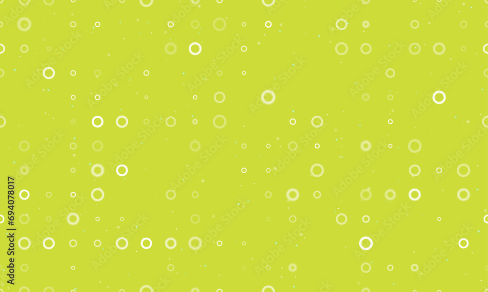 Seamless background pattern of evenly spaced white circle symbols of different sizes and opacity. Vector illustration on lime background with stars