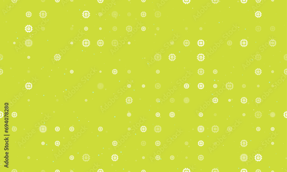 Seamless background pattern of evenly spaced white chip symbols of different sizes and opacity. Vector illustration on lime background with stars
