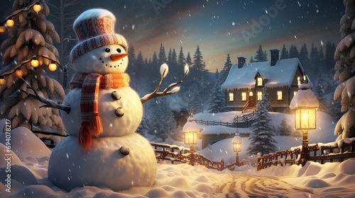 Christmas eve in a village with a snowman. 3D picture. Background of winter. Concept of a Merry Christmas and New Year.
