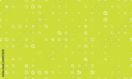 Seamless background pattern of evenly spaced white stop symbols of different sizes and opacity. Vector illustration on lime background with stars