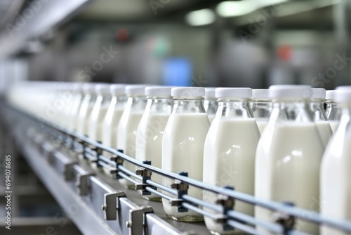 Modern milk production plant with bottles on conveyor belt