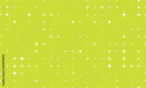 Seamless background pattern of evenly spaced white plus symbols of different sizes and opacity. Vector illustration on lime background with stars