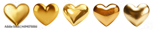 Set of golden hearts isolated on transparent background.