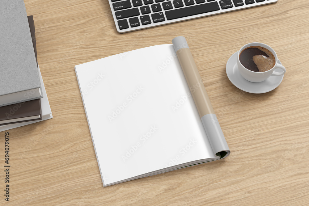 Magazine left-hand page mockup on wooden workplace desk Magazine left-hand page mockup on wooden workplace desk