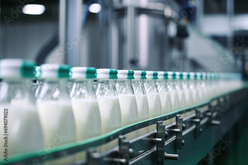 Modern milk production plant with bottles on conveyor belt